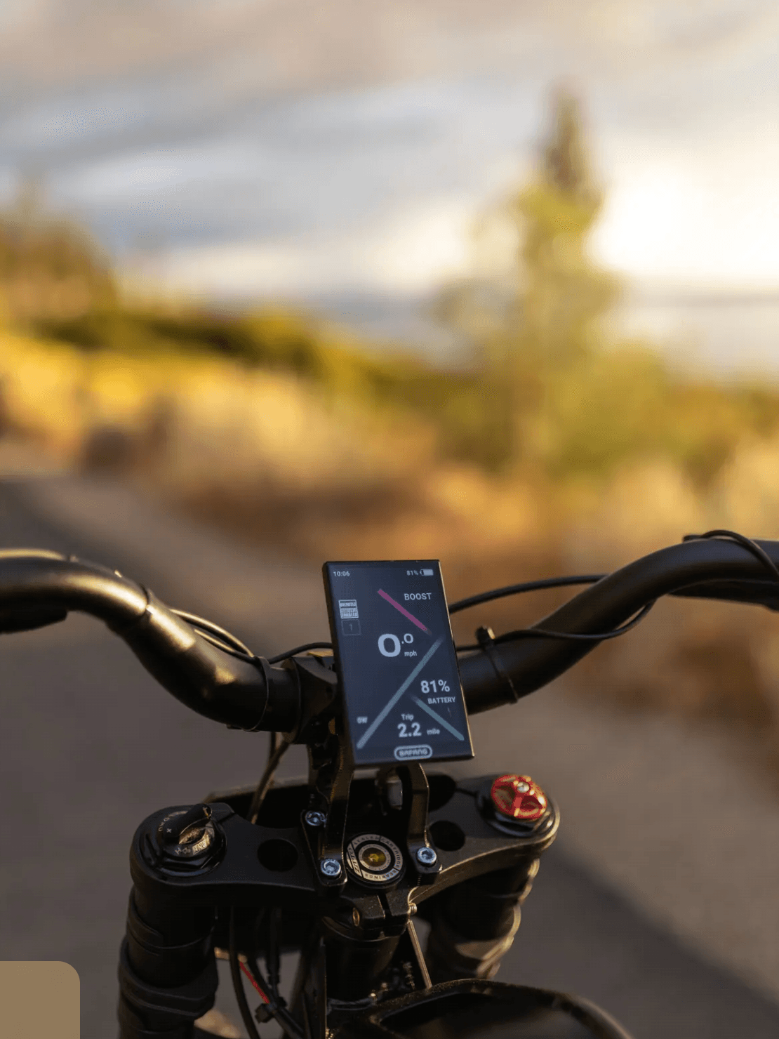 Close-up of the Surfline's Bafang color display showing speed, battery, and trip data
